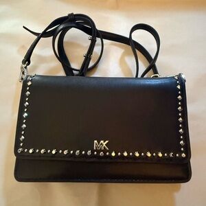 Michael Kors Black Studded Leather Crossbody Silver Accents Clutch Designer